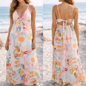 Anthropology Paper Heart Fruit Printed Linen Maxi Tie Back Dress Sz XS Coastal